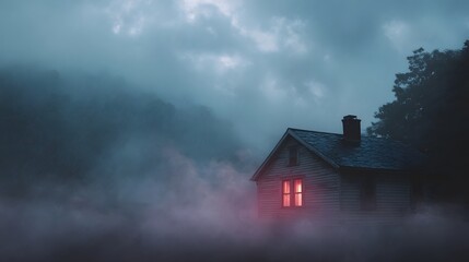 An isolated house glows with eerie red light in dense fog and rain under a stormy sky