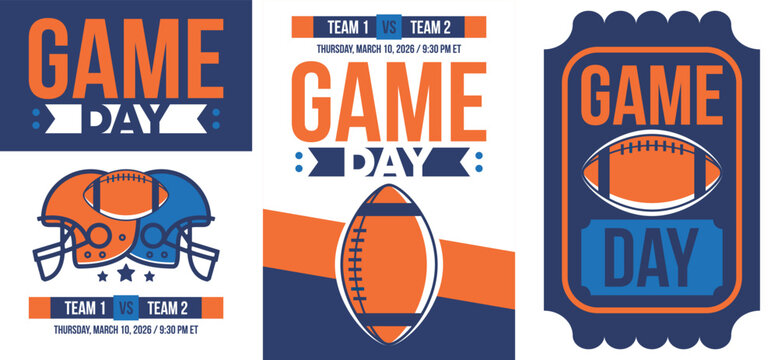 Game Day. American football playoff. Super Party in United States. Final game of regular season. Professional team championship. Ball for american football. Sport poster. Vector illustration