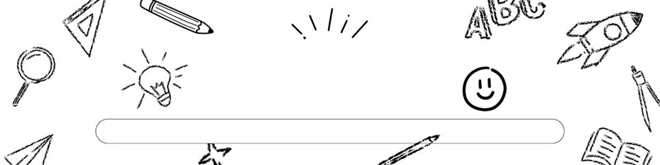 Playful black-and-white hand-drawn school doodle frame featuring stationery, symbols and creative icons surrounding a blank central space for educational design projects