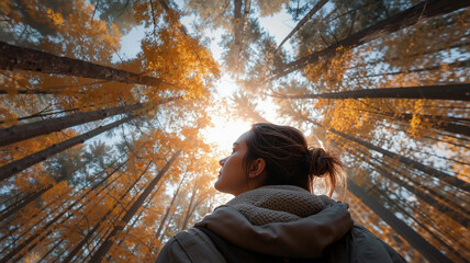 Woman in autumn clothing standing in a vibrant orange and yellow forest, looking up towards the bright sun shining through tall towering treetops.