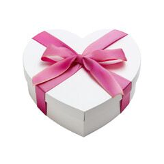 Obraz premium A beautiful white heart-shaped gift box with a pink ribbon bow, isolated on a white background. The elegant and romantic design symbolizes love, affection, and celebration perfect for Valentine’s Day