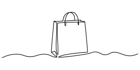 Continuous line art drawing of a minimalist shopping bag icon