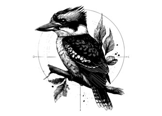 a hand-drawn illustration of a kookaburra perched on a branch surrounded by leavesart, beak, bird, branch, circle, drawing, illustration, sit, tree branch, woodpecker 