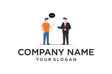 Two men, one professional and one casual, engaged in a business discussion with a speech bubble, flat vector illustration.