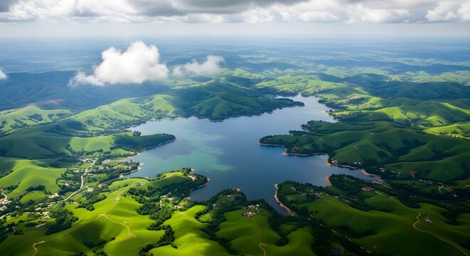 Aerial view of lush green hills surrounding a serene blue lake - Powered by Adobe