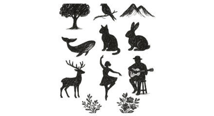 Collection of handdrawn black ink silhouette illustrations of various elements including animals, nature, and people, isolated on transparent background