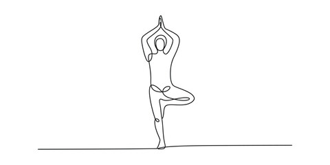 Continuous line drawing of person doing yoga tree pose meditation
