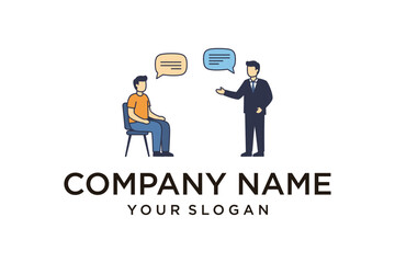 Two men engaged in professional discussion or interview with speech bubbles, flat design illustration.