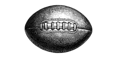 a vintage engraving of an american footballball, carve, football, illustration, image, rugby ball, white 