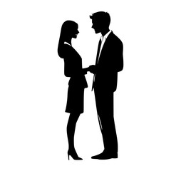 a silhouette of a man and a woman shaking handsblack, business suit, businessman, conversation, couple, hand, man, profile, stand, talk, woman 