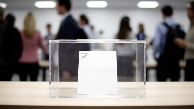 Transparent ballot box sitting on a table with a checked voting paper inside. Anonymous people are walking in the blurred background