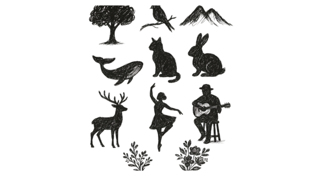 Collection of handdrawn black ink silhouette illustrations of various elements including animals, nature, and people, isolated on transparent background