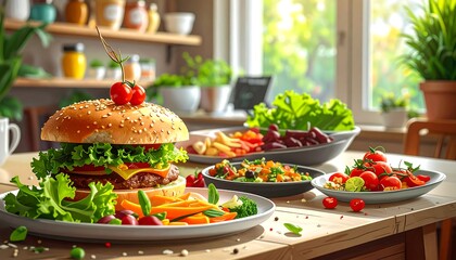 Delicious Burger and Fresh Salad on a Wooden Table.
