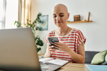 Bald woman with alopecia enjoys a peaceful moment at home using her smartphone