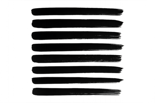 Set of eight black brush strokes on a transparent background, perfect for graphic design and artistic projects