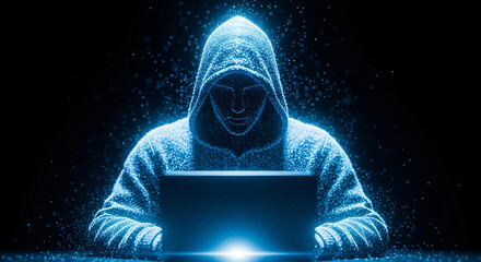 Hacker using laptop with abstract digital code to steal data in the dark cyberspace