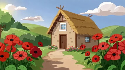Charming Countryside Cottage with Thatched Roof and Vibrant Poppy Field. - Powered by Adobe