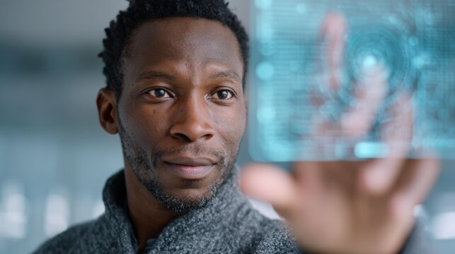 Software engineer interacting with futuristic transparent device using finger scan technology in modern office environment, showcasing innovation and technological advancement in user interface