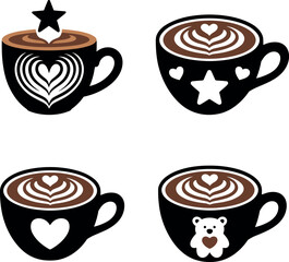 Modern Coffee Cup Vector Collection with Heart Star and Bear Latte Art Design for Cafe Branding and Menu Illustration