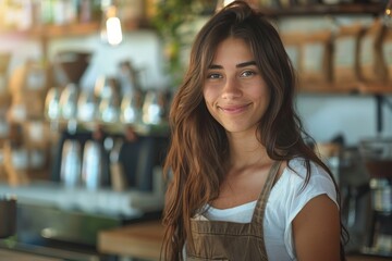 Smiling barista in a cozy cafe with wooden decor during morning hours
