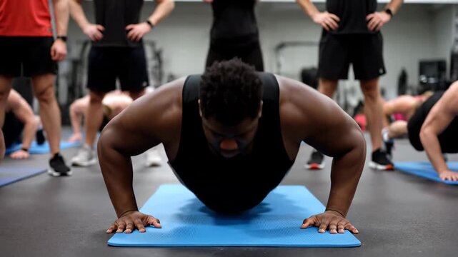 Muscular african american man performing push ups on a blue yoga mat during a high intensity interval training session at the gym