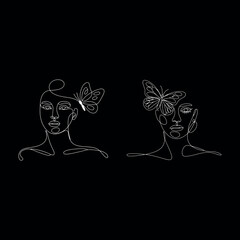 Elegant One Line Woman Face with Butterfly on Hair Minimal Continuous Line Art on Black Background for Modern Wall Decor