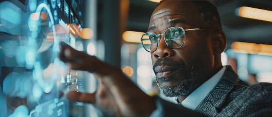Business professional interacts with futuristic technology in a modern office during a bright afternoon