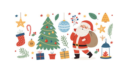 A colorful and festive Christmas vector illustration set featuring Santa Claus with a gift sack, Christmas trees decorated with ornaments and candy, wrapped presents, Cute Christmas Holiday Vector Set