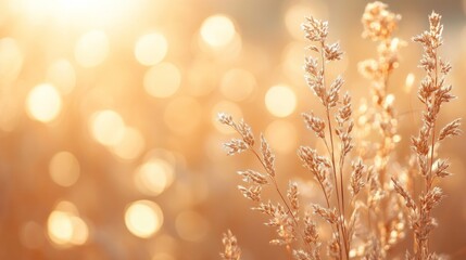 Golden sunlight casts a warm glow on grassy blades swaying gently in the breeze during a peaceful afternoon in a serene field