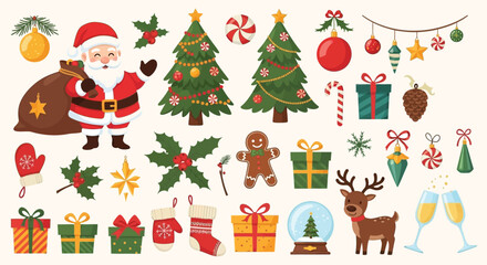 A colorful and festive Christmas vector illustration set featuring Santa Claus with a gift sack, Christmas trees decorated with ornaments and candy, wrapped presents, Cute Christmas Holiday Vector Set