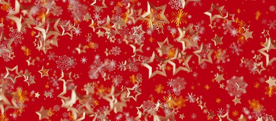 Christmas background with falling gold stars and snowflakes over red. Perfect for holiday designs, winter greetings, and festive conc © vegefox.com