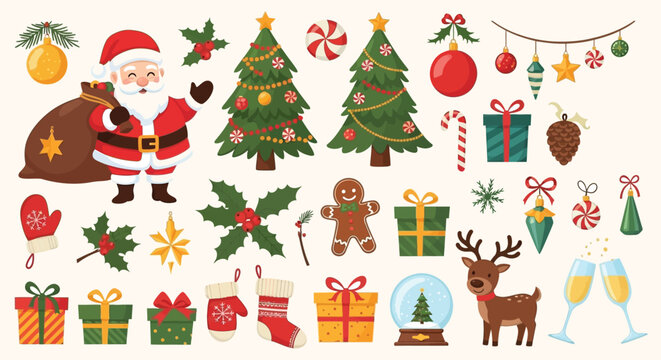 A colorful and festive Christmas vector illustration set featuring Santa Claus with a gift sack, Christmas trees decorated with ornaments and candy, wrapped presents, Cute Christmas Holiday Vector Set