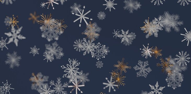 Abstract digitally generated illustration of snowflakes on a dark blue background. Perfect for winter and Christmas themes.