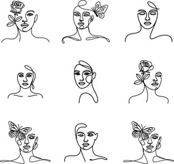 Elegant One Line Woman Face with Floral and Butterfly Elements Minimalist Continuous Line Art Collection