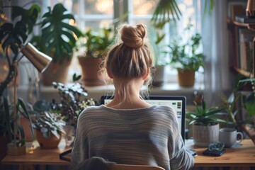 Woman working on laptop surrounded by indoor plants in a cozy workspace during daylight hours