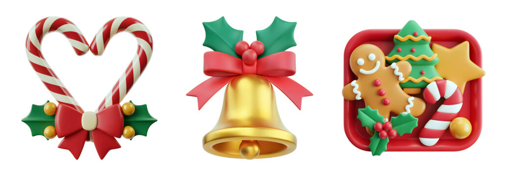 Festive 3D Christmas icons: candy cane heart golden bell and gingerbread cookies delight isolated on png transparent background