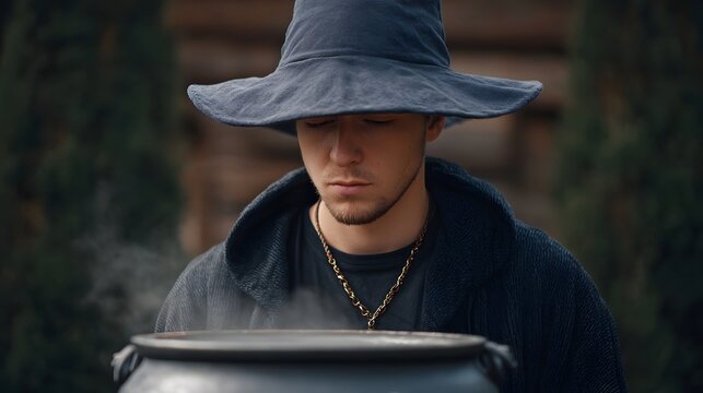 Focused young man wearing a wizard hat and robe brews a mystical potion in a steaming cauldron at twilight