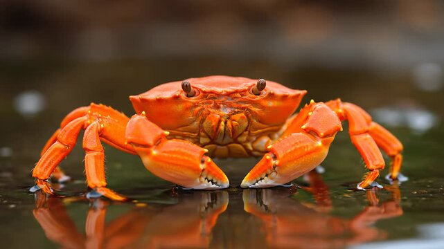 Closeup of a vibrant orange crab sitting in still, shallow water. The crustacean's detailed shell and claws reflect perfectly on the surface