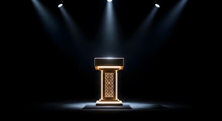 Modern metal pedestal for product presentation , White podium with light isolated on white background, Golden podium with neon circle on black background