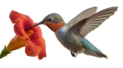 A hummingbird feeding on a vibrant red flower. or transparent background