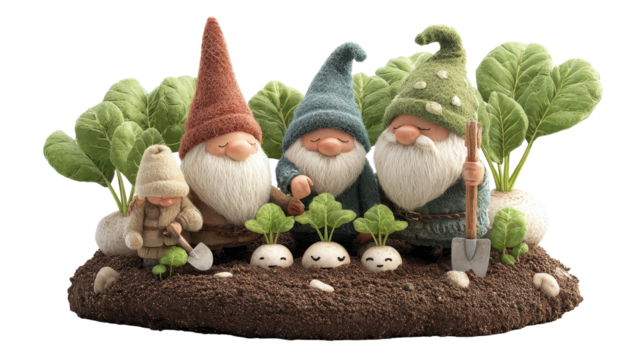 Whimsical gnomes tending to a garden of fresh vegetables. or transparent background