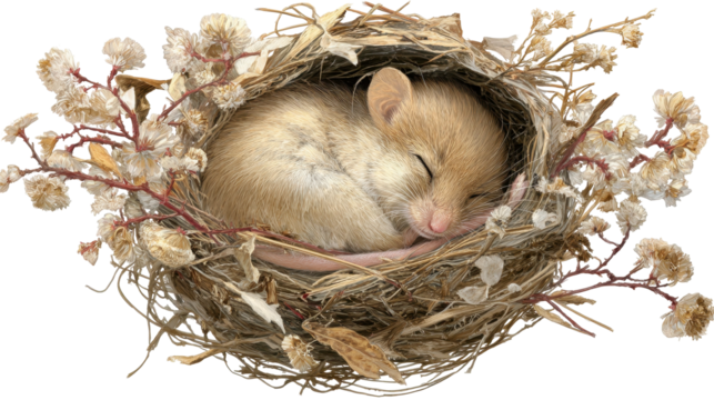 A peaceful sleeping mouse nestled in a cozy nest. or transparent background