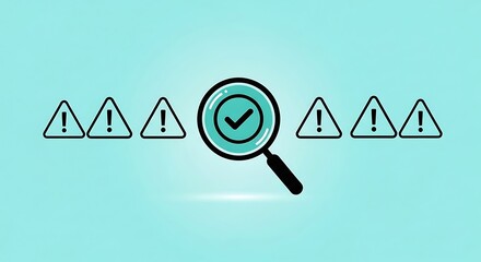 Magnifying glass with checkmark amidst warning signs on a blue background