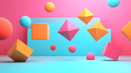 Colorful geometric shapes floating abstract composition isolated on white background