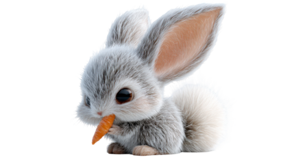 Cute rabbit nibbling on a carrot in a playful pose. or transparent background