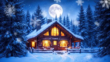 Cozy cabin in winter forest, lit by warm lights with snowfall and a full moon for holiday cards - Powered by Adobe