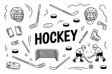 Hockey Sport Doodle Black and White Illustration Featuring Players Skates Helmet Puck Stick and Goal Ready to Print