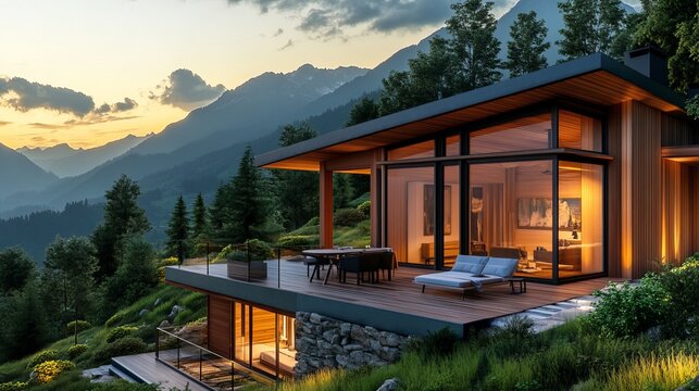 Stunning modern mountain retreat bathed in golden sunset light offers luxurious escape with panoramic views and serene ambiance.