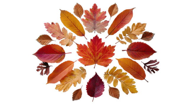 Colorful autumn leaves arranged in a beautiful circular pattern. or transparent background