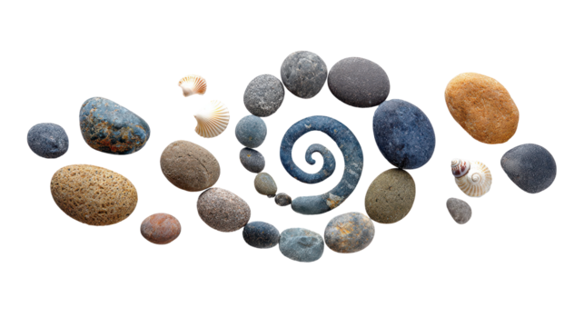 Colorful stones arranged in a spiral pattern on a white background. or transparent background
